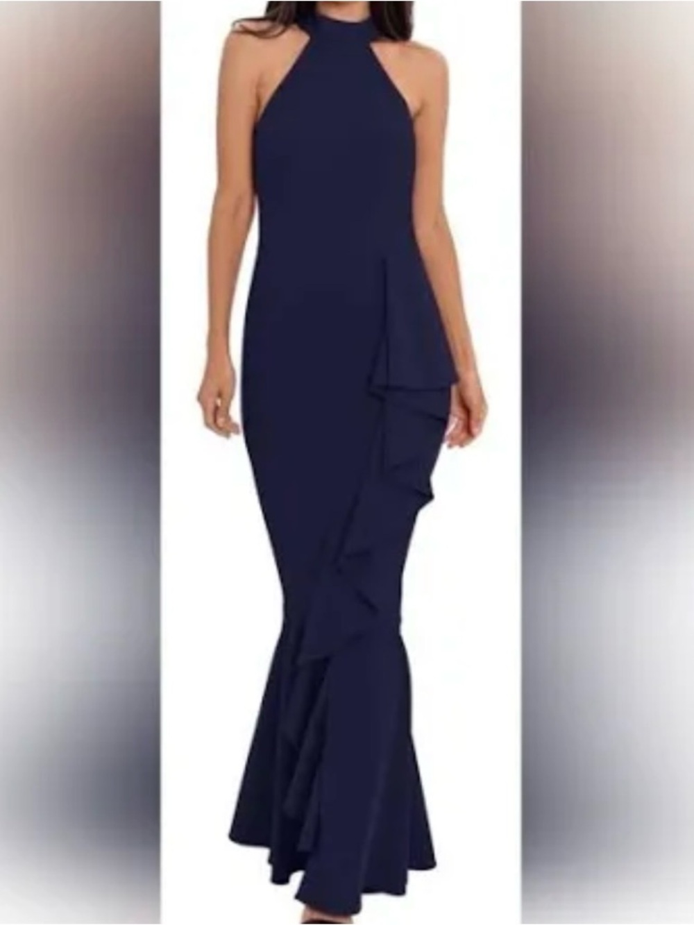 Betsy & Adam Navy Halter Ruffle Mermaid Gown